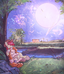 Size: 2874x3289 | Tagged: safe, artist:mirroredsea, bright mac, pear butter, earth pony, pony, the perfect pear, brightbutter, canon ship, cowboy hat, cuddling, eyes closed, female, fireworks, full moon, hat, husband and wife, male, mare, moon, night, shipping, smiling, stallion, stetson, straight, tree, under the tree