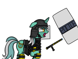 Size: 1280x960 | Tagged: safe, artist:blackbasscry, lyra heartstrings, pony, unicorn, armor, clothes, helmet, police, riot gear, riot police, riot shield, shield, simple background, solo, tonfa, transparent background, vest