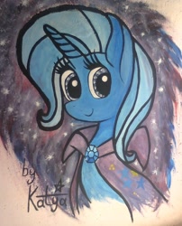 Size: 950x1175 | Tagged: safe, artist:kindpony, derpibooru import, trixie, pony, unicorn, bust, cape, clothes, cute, female, looking at you, mare, smiling, solo, traditional art, trixie's cape