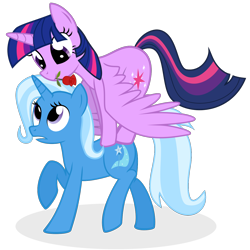 Size: 1280x1280 | Tagged: safe, artist:the smiling pony, derpibooru import, trixie, twilight sparkle, twilight sparkle (alicorn), alicorn, pony, cute, female, lesbian, mare, mouth hold, ponies riding ponies, raised hoof, rose, shipping, simple background, transparent background, twixie