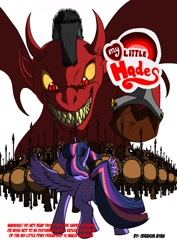 Size: 1240x1754 | Tagged: safe, artist:dark-rivals, twilight sparkle, twilight sparkle (alicorn), oc, alicorn, demon, demon pony, original species, pony, army, bloodshot eyes, bracelet, cliche, cloven hooves, comic, cover, cuffs, demon wings, female, glare, glowing eyes, grin, helmet, looking up, mare, mohawk, my little hades, perspective, plot, raised hoof, sharp teeth, shield, simple background, slit eyes, smiling, smirk, spear, spread wings, underhoof, weapon, white background, wide eyes, wings, yellow sclera