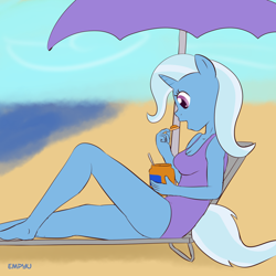 Size: 1000x1000 | Tagged: safe, artist:empyu, derpibooru import, trixie, anthro, 30 minute art challenge, beach, clothes, one-piece swimsuit, peanut butter, solo, swimsuit