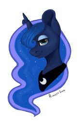 Size: 753x1080 | Tagged: safe, artist:icebergi, princess luna, alicorn, pony, bust, hair over one eye, simple background, solo, transparent background