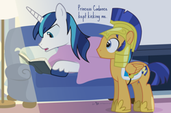 Size: 990x653 | Tagged: safe, artist:dm29, flash sentry, shining armor, pony, unicorn, book, dialogue, duo, reading, sofa