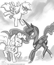 Size: 800x970 | Tagged: safe, artist:johnjoseco, derpy hooves, pinkie pie, princess luna, rainbow dash, alicorn, pegasus, pony, eyes closed, female, grayscale, mare, monochrome, open mouth, sketch