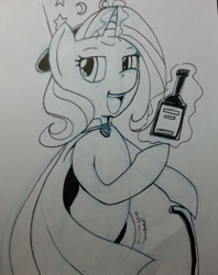 Size: 1280x1619 | Tagged: safe, artist:princrim, derpibooru import, trixie, pony, unicorn, bottle, cane, female, magic, mare, monochrome, open mouth, solo, telekinesis, traditional art