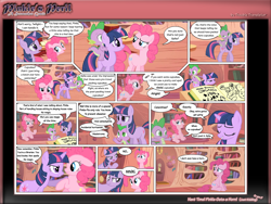 Size: 1400x1050 | Tagged: safe, artist:troubletransistor, derpibooru import, pinkie pie, spike, twilight sparkle, dragon, earth pony, pony, comic