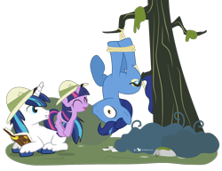 Size: 1200x920 | Tagged: safe, artist:dm29, night light, shining armor, twilight sparkle, pony, unicorn, book, brother and sister, cute, excited, father and child, father and daughter, father and son, female, filly, frown, grin, hat, julian yeo is trying to murder us, male, parent and child, pith helmet, prone, pronking, rope, siblings, simple background, smiling, snare, suspended, transparent background, trio, twiabetes, upside down, wide eyes