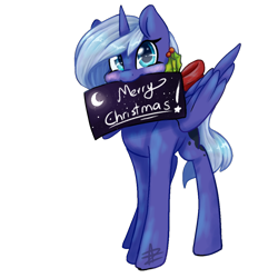 Size: 1000x1000 | Tagged: safe, artist:myralilth, princess luna, alicorn, pony, christmas, holly, s1 luna, sign, simple background, solo, transparent background