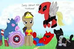 Size: 1095x730 | Tagged: safe, artist:chanceyb, amethyst star, chirpy hooves, derpy hooves, dinky hooves, doctor whooves, sparkler, annoyed, batman, captain america, cosplay, crossdressing, deadpool, frown, hooves family, laughing, request, shield, speech bubble, spider-man, sword, wonder woman