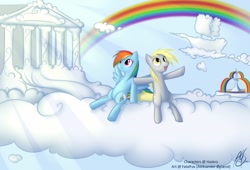 Size: 1280x870 | Tagged: safe, artist:cobaltsnow, derpy hooves, rainbow dash, pegasus, pony, cloud, cloudsdale, cloudy, duo, female, mare, rainbow, sitting