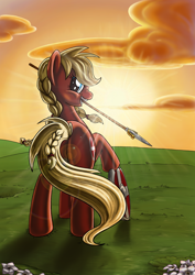 Size: 2480x3508 | Tagged: safe, artist:keeperofthebjokstone, oc, oc only, lens flare, shield, solo, spear