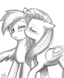 Size: 700x840 | Tagged: safe, artist:johnjoseco, fluttershy, rainbow dash, pegasus, pony, female, flutterdash, grayscale, kissing, lesbian, monochrome, shipping