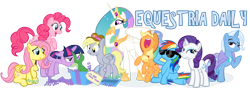 Size: 1000x350 | Tagged: safe, artist:pixelkitties, derpibooru import, applejack, derpy hooves, fluttershy, gummy, pinkie pie, princess celestia, rainbow dash, rarity, trixie, twilight sparkle, alicorn, earth pony, pegasus, pony, unicorn, equestria daily, female, mane six, mare, simple background, transparent background, twilight is not amused, unamused