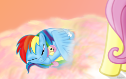 Size: 1680x1050 | Tagged: safe, artist:noctrl, fluttershy, rainbow dash, pegasus, pony, cloud, cloudy, doll, plushie