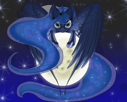 Size: 2500x2000 | Tagged: safe, artist:arcuswind, princess luna, alicorn, pony, looking at you, moon, solo, spread wings, tangible heavenly object