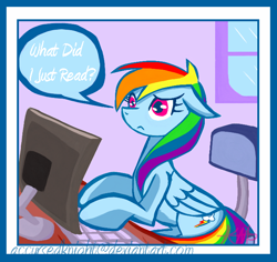 Size: 690x652 | Tagged: safe, artist:accursedknight, rainbow dash, pegasus, pony, blue coat, computer, female, mare, multicolored mane, solo