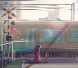 Size: 2800x2450 | Tagged: safe, artist:mirroredsea, spike, twilight sparkle, unicorn twilight, dragon, pony, unicorn, city, duo, female, food, gate, japan, level crossing, mare, metro, railroad crossing, rear view, sitting, subway, tokyo, traffic signal, train, windswept mane