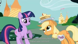 Size: 1280x720 | Tagged: safe, derpibooru import, screencap, applejack, twilight sparkle, earth pony, pony, youtube caption