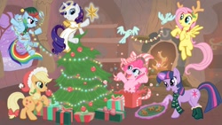 Size: 1920x1080 | Tagged: safe, artist:bladesfire, derpibooru import, applejack, fluttershy, pinkie pie, rainbow dash, rarity, twilight sparkle, earth pony, pegasus, pony, unicorn, christmas, christmas tree, clothes, fire, hat, mane six, present, scarf, tree