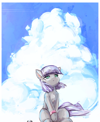 Size: 2602x3178 | Tagged: safe, artist:mirroredsea, boulder (pet), maud pie, earth pony, pony, bracelet, cloud, female, jewelry, looking up, mare, sitting, sky, solo