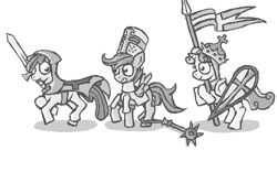 Size: 960x600 | Tagged: safe, artist:monoglyph, apple bloom, scootaloo, sweetie belle, earth pony, pegasus, pony, unicorn, armor, cape, christianity, clothes, cross, crown, crusader, cutie mark crusaders, fantasy class, flag, flail, grayscale, grin, helmet, hood, jewelry, kite shield, knight, knights templar, looking at each other, monochrome, paladin, regalia, shield, simple background, smiling, spread wings, sword, warrior, weapon, white background, wings