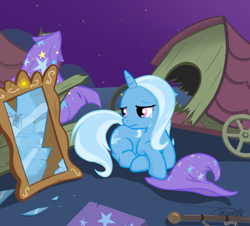 Size: 960x867 | Tagged: safe, artist:theparagon, derpibooru import, trixie, pony, unicorn, cape, caravan, cart, clothes, crying, female, floppy ears, frown, hat, mare, mirror, prone, sad, shattered glass, solo, trixie's cape, trixie's hat, trixie's wagon, wagon