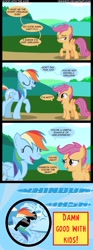 Size: 780x2087 | Tagged: safe, artist:veggie55, rainbow dash, scootaloo, pegasus, pony, abuse, adoration, comic, flash puppet, mood whiplash, schadenfreude, scootabuse, sunglasses