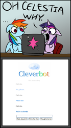 Size: 579x1044 | Tagged: safe, derpibooru import, rainbow dash, twilight sparkle, pegasus, pony, cleverbot, meme, obligatory pony, text