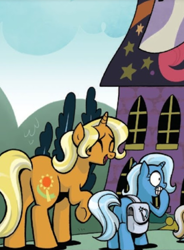 Size: 454x616 | Tagged: safe, derpibooru import, idw, sunflower spectacle, trixie, pony, unicorn, spoiler:comic, comic, cropped, duo, eyes closed, female, filly, filly trixie, nervous, younger