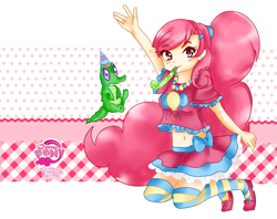 Size: 1353x1069 | Tagged: safe, artist:haruliina, gummy, pinkie pie, human, belly button, clothes, humanized, midriff, ponytail, short shirt, skirt, socks, striped socks, thigh highs, zettai ryouiki