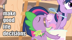 Size: 576x324 | Tagged: safe, derpibooru import, edit, edited screencap, screencap, spike, twilight sparkle, dragon, pony, it's about time, caption, female, ice cream, image macro, male, mare