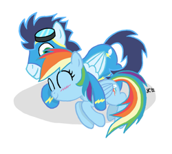 Size: 1057x945 | Tagged: safe, artist:saturtron, rainbow dash, soarin', pegasus, pony, blushing, female, male, shipping, soarindash, straight