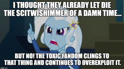 Size: 896x500 | Tagged: safe, derpibooru import, edit, edited screencap, screencap, trixie, equestria girls, rainbow rocks, engrish, grammar error, homophobia, image macro, implied lesbian, implied scitwishimmer, implied shipping, in-universe pegasister, meme, mouthpiece, op is a cuck, op is trying to start shit, text, trixie yells at everything