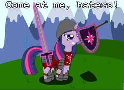 Size: 900x655 | Tagged: safe, twilight sparkle, unicorn twilight, pony, unicorn, armor, come at me bro, crossover, female, haters gonna hate, helmet, image macro, magic, magic aura, mare, mount and blade, shield, solo, sword, telekinesis, warrior twilight sparkle, weapon