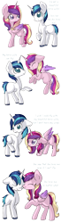 Size: 1000x3603 | Tagged: safe, artist:rue-willings, princess cadance, shining armor, alicorn, pony, unicorn, blank flank, comic, cute, eye contact, female, floppy ears, flying, frown, happy, horns are touching, husbandhorse, male, mare, nuzzling, sad, simple background, smiling, stallion, transparent background, underhoof, vector, wifehorse