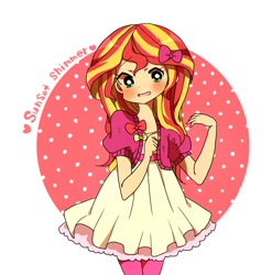 Size: 972x984 | Tagged: safe, artist:lotte, sunset shimmer, human, equestria girls, abstract background, blushing, bow, clothes, cute, dress, female, hair bow, humanized, shimmerbetes, solo, stockings, thigh highs