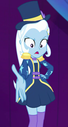 Size: 583x1080 | Tagged: safe, derpibooru import, screencap, trixie, better together, equestria girls, spring breakdown, clothes, cropped, dress, female, hat, skirt, socks, solo, thigh highs, top hat, zettai ryouiki