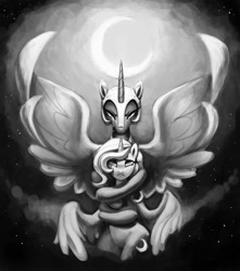 Size: 1323x1500 | Tagged: dead source, safe, artist:sunbusting, nightmare moon, princess luna, alicorn, pony, crying, duality, duo, filly, grayscale, monochrome, moon, s1 luna, wip, woona