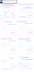 Size: 2560x5382 | Tagged: safe, artist:ambris, derpibooru import, lightning dust, rainbow dash, trixie, twilight sparkle, twilight sparkle (alicorn), alicorn, pegasus, pony, semi-anthro, ask, ball, belly button, bikini, bipedal, book, broom, clothes, comic, cupcake, dialogue, female, inconvenient trixie, lesbian, lineart, looking at each other, midriff, open mouth, reading, shipping, smiling, swimsuit, sword, trixiedust, tumblr, twidash