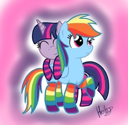 Size: 718x704 | Tagged: safe, artist:dallydog101, derpibooru import, rainbow dash, twilight sparkle, pegasus, pony, clothes, female, lesbian, rainbow socks, shipping, socks, striped socks, twidash