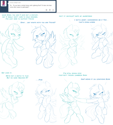 Size: 2560x2848 | Tagged: safe, artist:ambris, derpibooru import, lightning dust, rainbow dash, trixie, twilight sparkle, pegasus, pony, semi-anthro, ask, belly button, bikini, clothes, comic, crossed hooves, dialogue, female, flying, lesbian, lineart, looking at each other, midriff, shipping, smiling, swimsuit, trixiedust, tumblr, twidash
