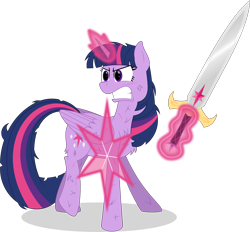 Size: 5840x5410 | Tagged: safe, artist:ambassad0r, twilight sparkle, twilight sparkle (alicorn), alicorn, pony, absurd resolution, badass, dirty, female, fluffy, glare, gritted teeth, injured, magic, mare, messy mane, shield, simple background, solo, sword, telekinesis, transparent background, vector, weapon, wide eyes