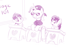 Size: 1280x840 | Tagged: safe, artist:dstears, derpibooru import, trixie, pony, unicorn, female, filly, grin, hat, mare, monochrome, newbie artist training grounds, school, sunglasses