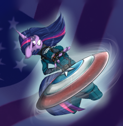 Size: 4404x4518 | Tagged: safe, artist:vicse, twilight sparkle, anthro, absurd resolution, action pose, captain america, clothes, marvel, parody, shield, solo