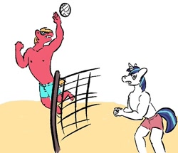 Size: 500x429 | Tagged: safe, artist:tempusfidgets, big macintosh, shining armor, anthro, 30 minute art challenge, beach, beach volleyball, clothes, hark a vagrant, homoerotic beach volleyball, kate beaton, top gun, topless, volleyball