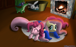 Size: 2000x1250 | Tagged: safe, artist:deathpwny, angel bunny, fluttershy, gummy, pinkie pie, earth pony, pegasus, pony, clothes, female, fireplace, flutterpie, lesbian, shipping, sweater, sweatershy