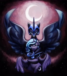 Size: 2646x3000 | Tagged: safe, artist:sunbusting, nightmare moon, princess luna, alicorn, pony, crying, duality, filly, hug, moon, s1 luna, spread wings, woona