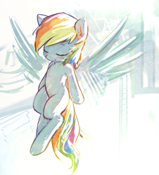 Size: 2951x3268 | Tagged: safe, artist:mirroredsea, rainbow dash, pegasus, pony, colored sketch, eyes closed, female, mare, smiling, solo, spread wings, wings