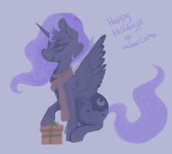 Size: 1830x1632 | Tagged: safe, artist:miss-cats, princess luna, alicorn, pony, blushing, chest fluff, clothes, present, scarf, sitting, solo, spread wings